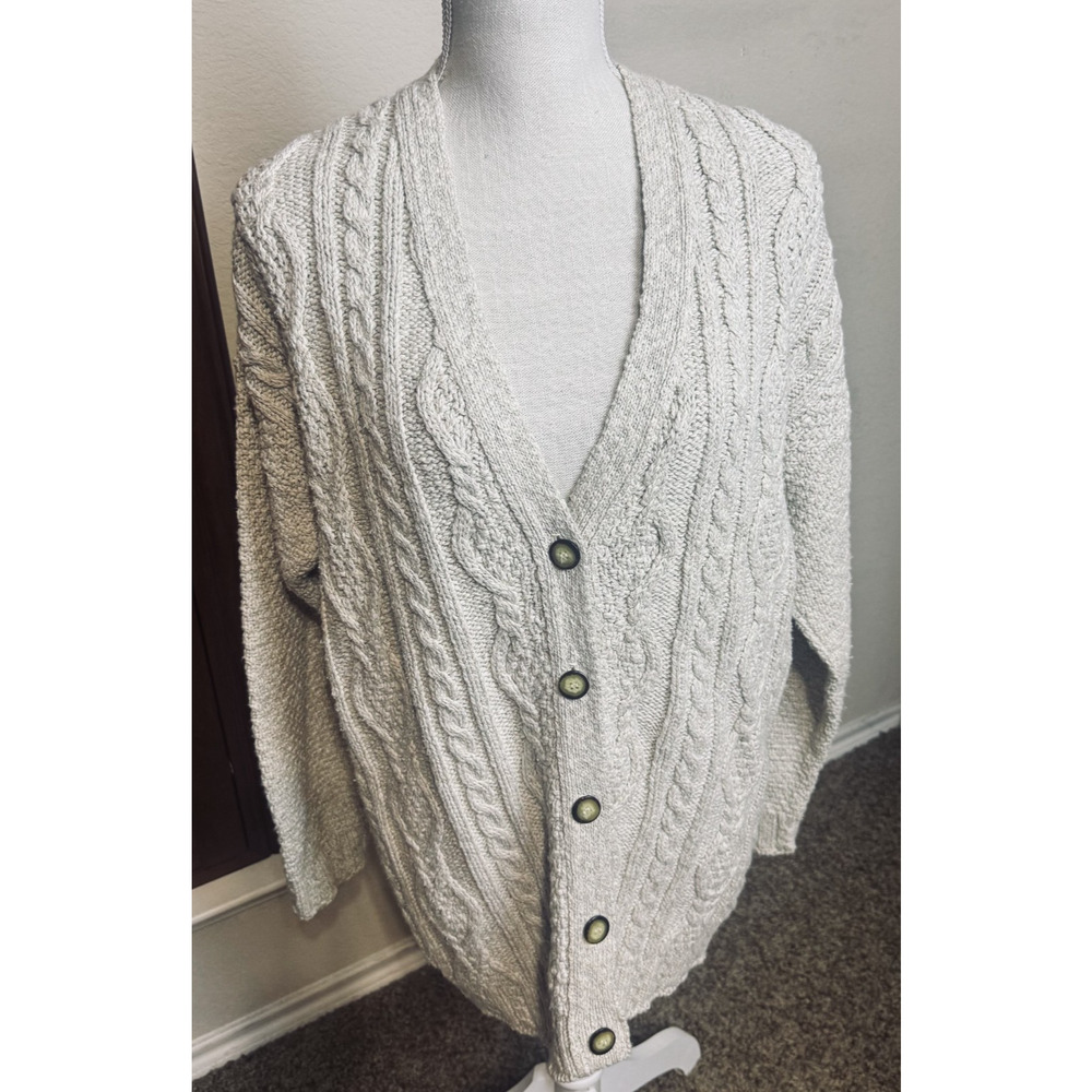 Moda Int'l Cardigan Cable Knit Beige Sweater fisherman sz M Button Front VTG 90s